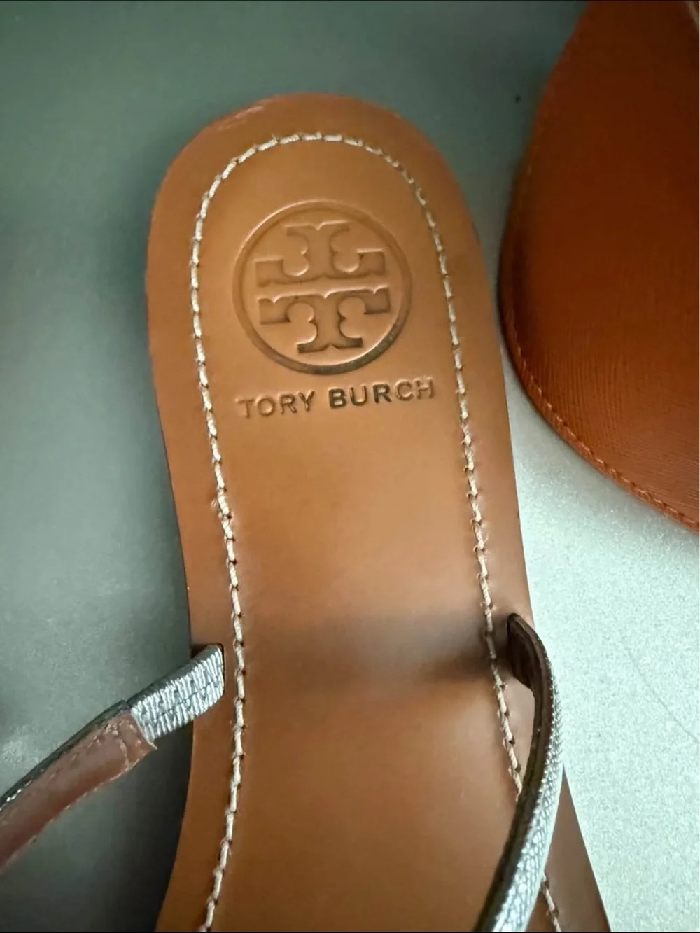 Tory Burch Metallic Silver Miller T-Strap Sandals with Tan Footbed